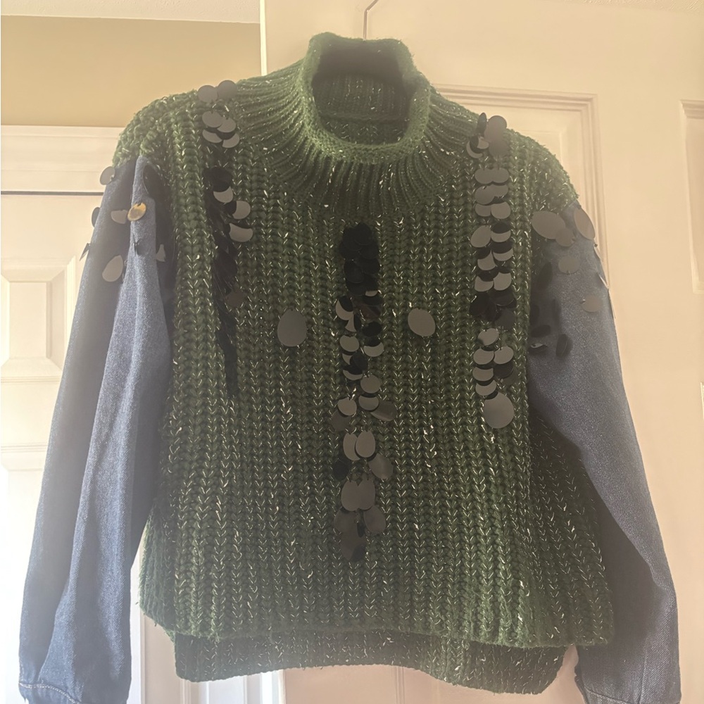 Green Sweater with Denim Sleeves